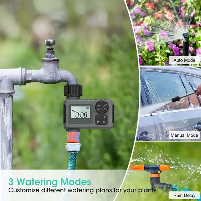 Programmateur d'arrosage automatique intelligent avec grand écran et retard de pluie pour jardinage domestique en gris clair ou blanc
