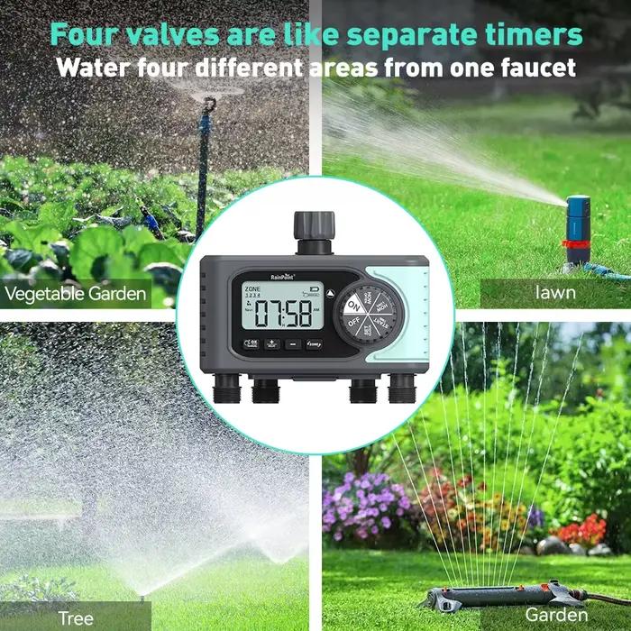 Minuterie d'arrosage programmable JOEKOL pour jardin, pelouse, plantes et piscine, contrôle de 4 zones, interruption différentielle, écran LCD clair