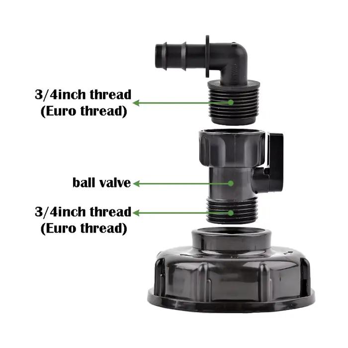 Connecteur de tuyau en PE coudé de robinet de réservoir IBC à filetage grossier S60 x 16mm 1/2 ''3/4