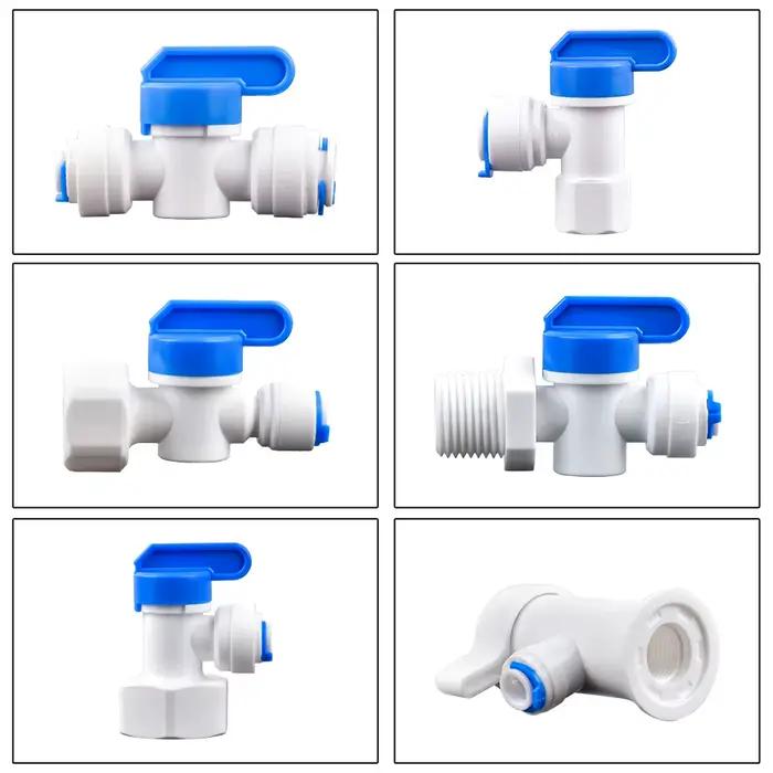 Robinet à tournant sphérique droit en plastique RO, tuyau de 1/4 "3/8" OD, connexion rapide 1/4 "3/8