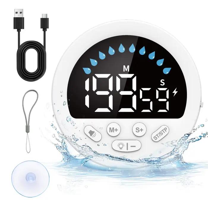 Minuteur portable étanche avec grand écran, chronomètre rechargeable pour la salle de bain, la pisci