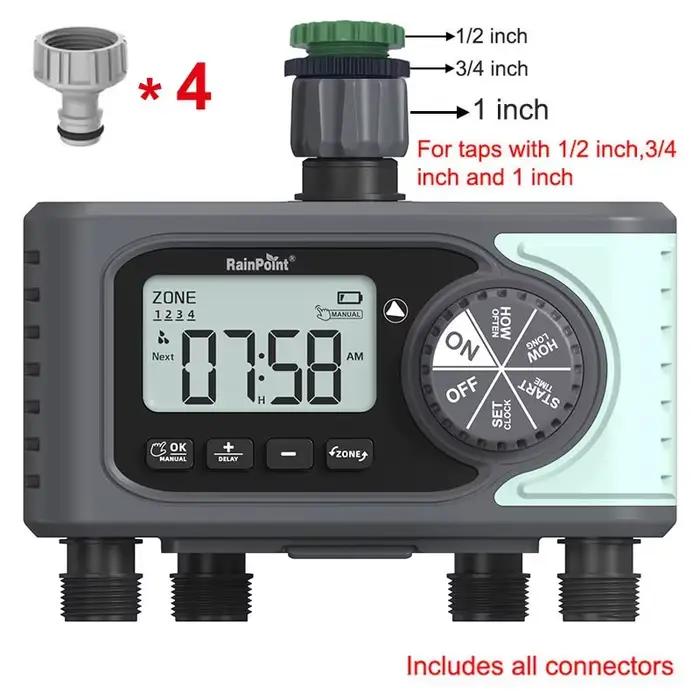 Minuterie d'arrosage programmable JOEKOL pour jardin, pelouse, plantes et piscine, contrôle de 4 zones, interruption différentielle, écran LCD clair