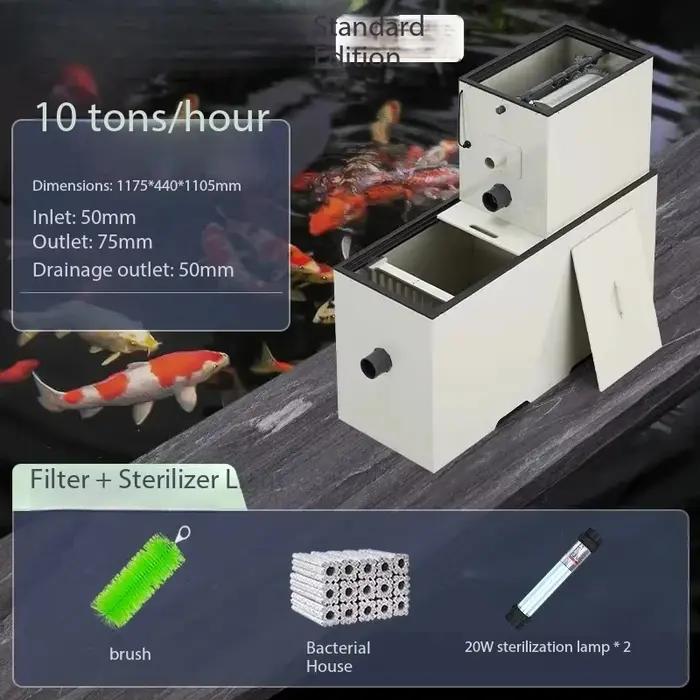 Machine de microfiltration à tambour rotatif pour bassin de poissons koï, système d'aquaculture en circulation, filtre à tambour rotatif pour microfiltration, bassin à poissons, aquaculture circulaire, bassin d'eau claire, poissons koï, environnement sain