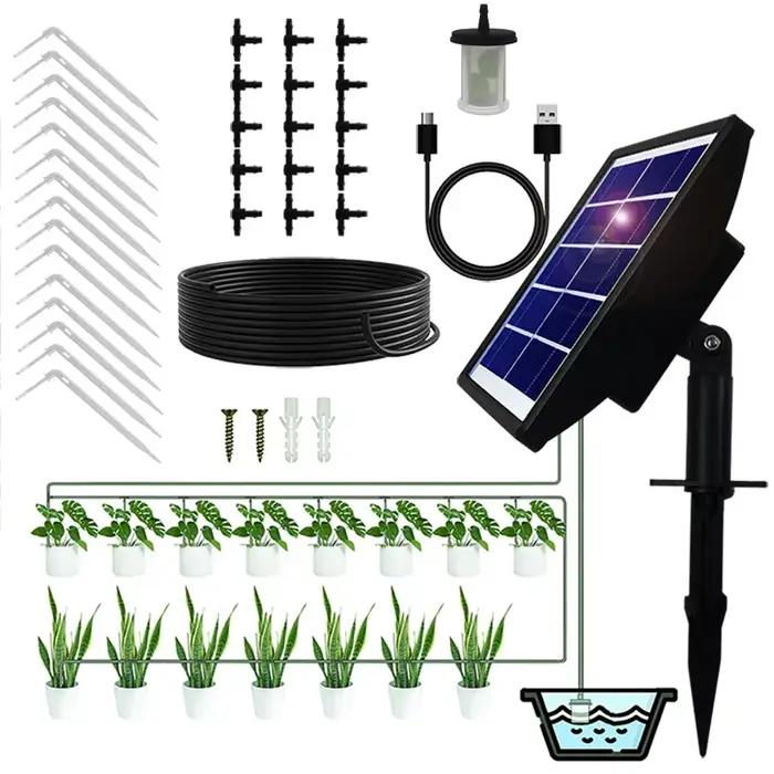 Kit de système d'irrigation goutte à goutte automatique solaire pour jardin extérieur et intérieur avec anti-siphon et modes d'arrosage manuel et automatique pour plantes vertes