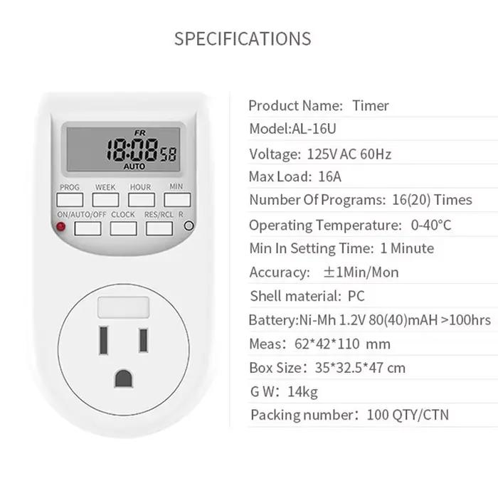 Minuteur numérique programmable EU/US/UK 1785W/2300W à économie d'énergie avec prise 10A/15A pour cuisine