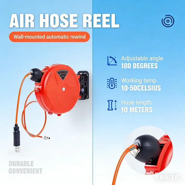 Enrouleur de tuyau multifonctionnel automatique 10m avec raccord rapide compatible eau air mural industriel commercial pour jardinage occasions spéciales