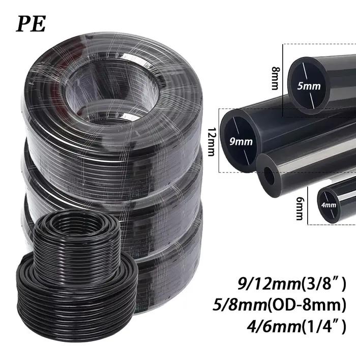 Tuyau d'arrosage de jardin 3/8" 1/4" résistant à la pression 10/20/30/50M OD-6mm 8mm 12mm Noir PE 4/6mm 5/8mm 9/12mm