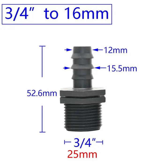 Filetage mâle femelle 1/2 3/4 à 1/2 3/4 1 pouce, connecteur barbelé pour tuyau d'arrosage 16mm 20mm