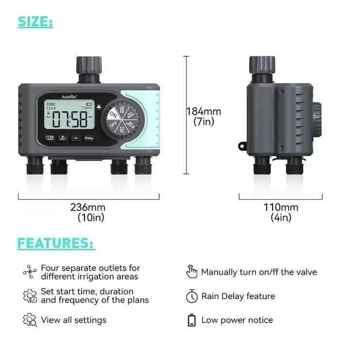 Minuterie d'arrosage programmable JOEKOL pour jardin, pelouse, plantes et piscine, contrôle de 4 zones, interruption différentielle, écran LCD clair