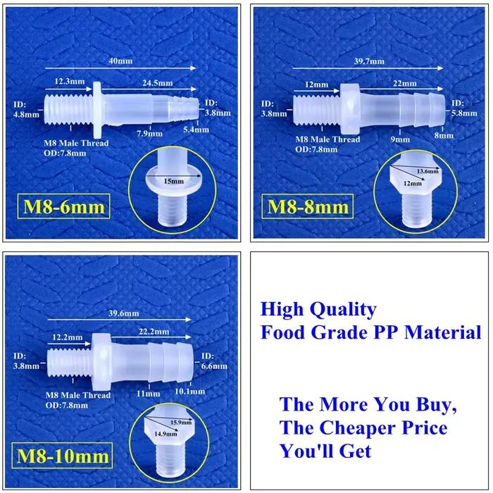 5 ~ 200 pièces M5 M6 M8 filetage mâle à 2 ~ 10mm PP pagode connecteurs directs adaptateur de réservo