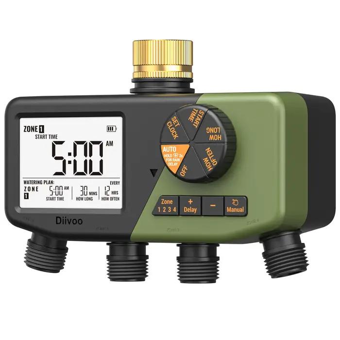Minuteur d'arrosage de jardin Diivoo 4 zones avec entrée en laiton, étanche IP68, grand écran, programmable, pour l'irrigation automatique de la cour
