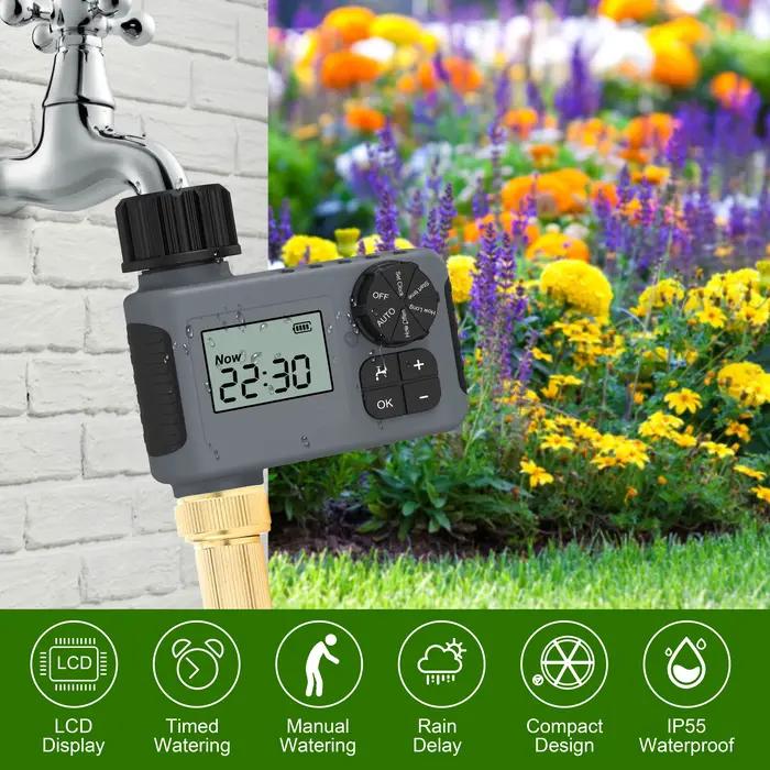 Programmateur d'arrosage automatique intelligent avec grand écran et retard de pluie pour jardinage domestique en gris clair ou blanc