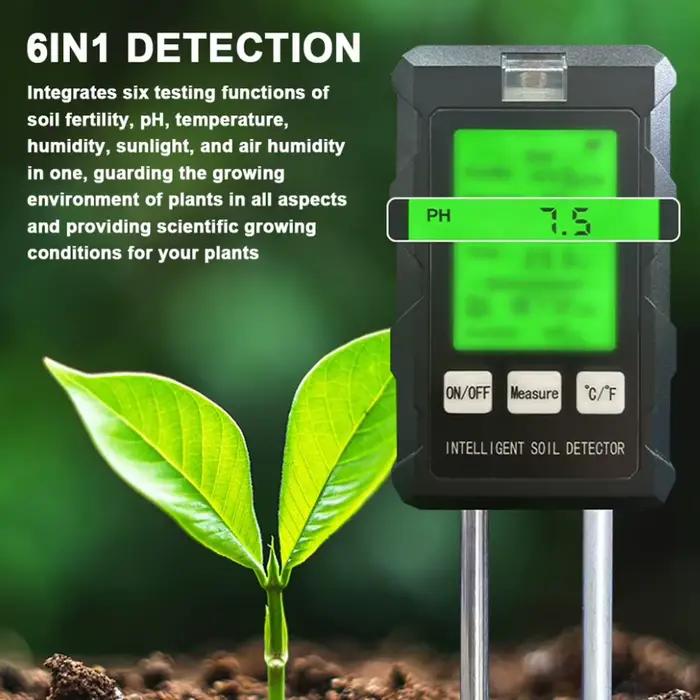 Testeur de sol multifonctionnel 6 en 1 analyseur de fertilité du sol pH température humidité luminosité soleil détecteur d'humidité air analyseur de sol pour jardinage